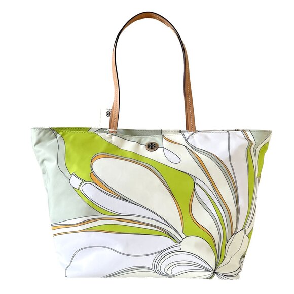New Tory Burch Twisty Flower Ella Nylon Printed Tote Chartreuse - Picture 1 of 6